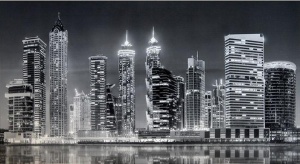 фото Фартук-панно Грейс Вечерний Дубай черно-белый (1002*602*4 мм)